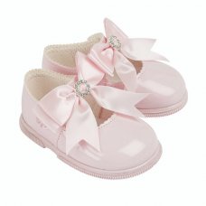 H035: Baby Girls Bow & Diamante Hard Soled Shoe-Pink (Shoe Sizes: 2-6)